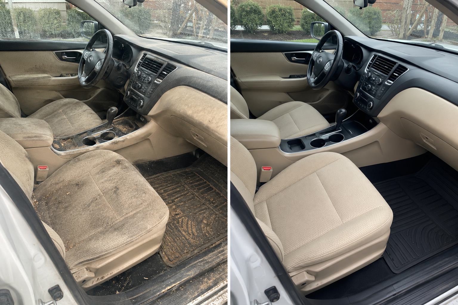 Interior detail before and after — heavy dirt and stains removed from front seats, floor, and dash by Grand Rapids Mobile Detailing Co.